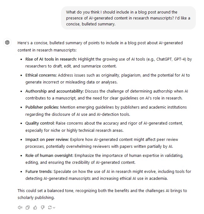 ChatGPT suggests an outline for this blog post, including sections on 'The rise of AI tools in research' and 'Ethical concerns'.